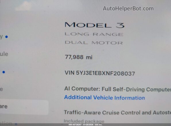 5YJ3E1EBXNF208037 2022 TESLA MODEL 3 Gray 360 interior view