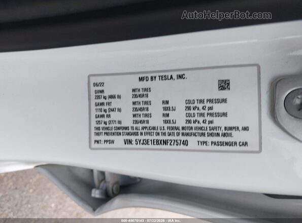 5YJ3E1EBXNF275740 2022 TESLA MODEL 3 White Widok komory silnika