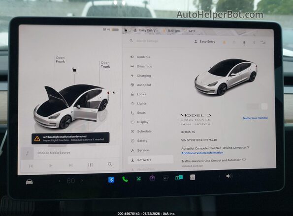 5YJ3E1EBXNF275740 2022 TESLA MODEL 3 White Widok tylnych siedzeń