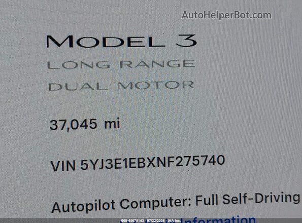 5YJ3E1EBXNF275740 2022 TESLA MODEL 3 White 