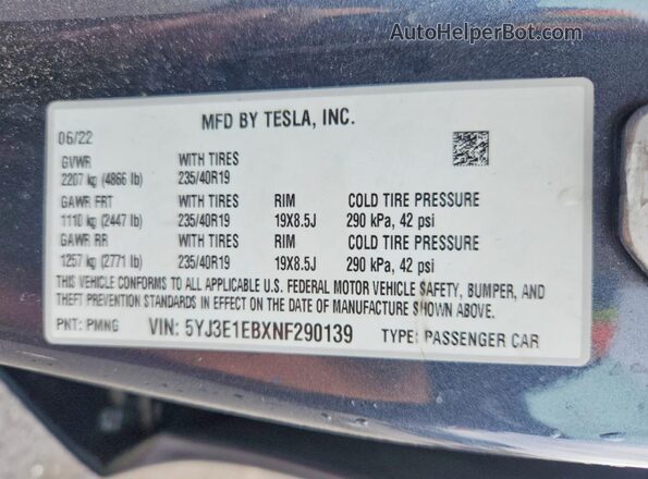 5YJ3E1EBXNF290139 2022 TESLA MODEL Gray Engine compartment view