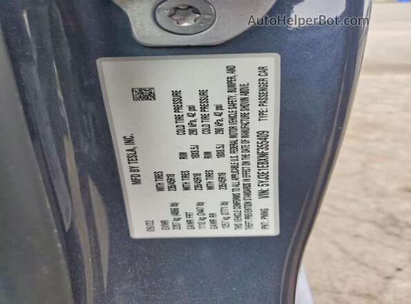 5YJ3E1EBXNF355409 2022 TESLA MODEL Gray VIN sticker view