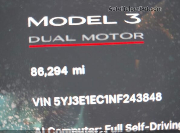 5YJ3E1EC1NF243848 2022 TESLA MODEL 3 Черный Панорамный вид салона 360°