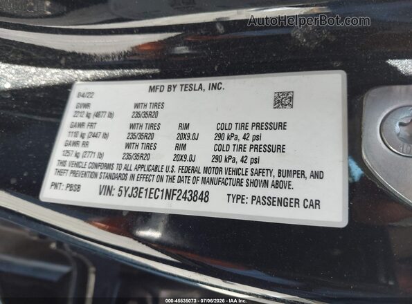 5YJ3E1EC1NF243848 2022 TESLA MODEL 3 Черный Вид подкапотного пространства