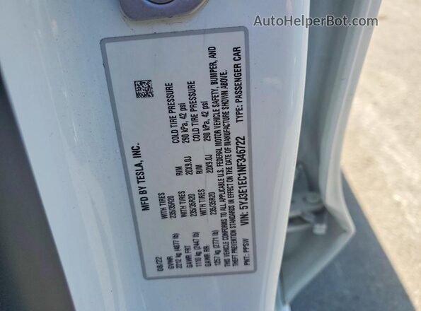 5YJ3E1EC1NF346722 2022 TESLA MODEL White Widok naklejki z numerem VIN