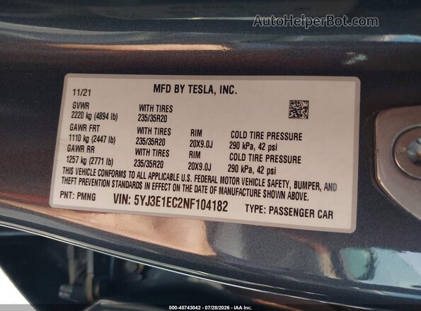 5YJ3E1EC2NF104182 2022 TESLA MODEL 3 Gray Vista del compartimento del motor