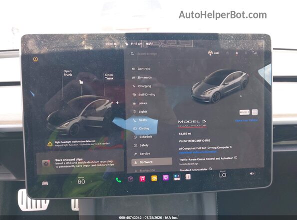 5YJ3E1EC2NF104182 2022 TESLA MODEL 3 Gray Vista de los asientos traseros
