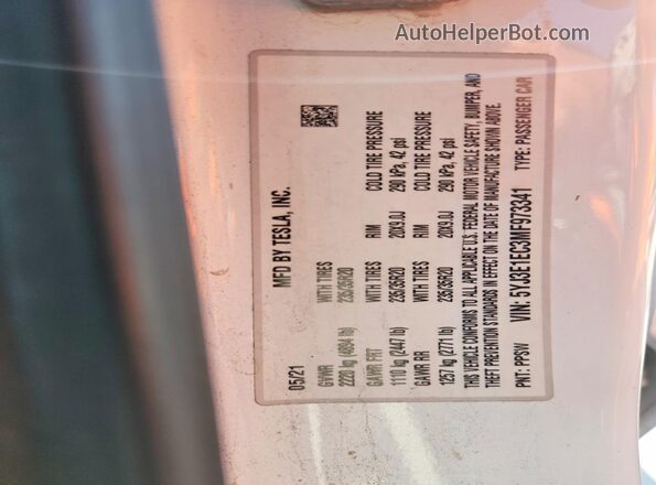 5YJ3E1EC3MF973341 2021 TESLA MODEL White VIN կոդի պիտակի տեսք