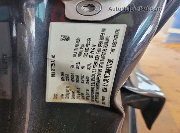 5YJ3E1EC3NF177285 2022 TESLA MODEL Gray Widok naklejki z numerem VIN