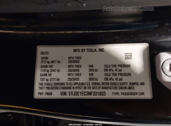 5YJ3E1EC3NF331803 2022 TESLA MODEL 3 Black Vista del compartimento del motor