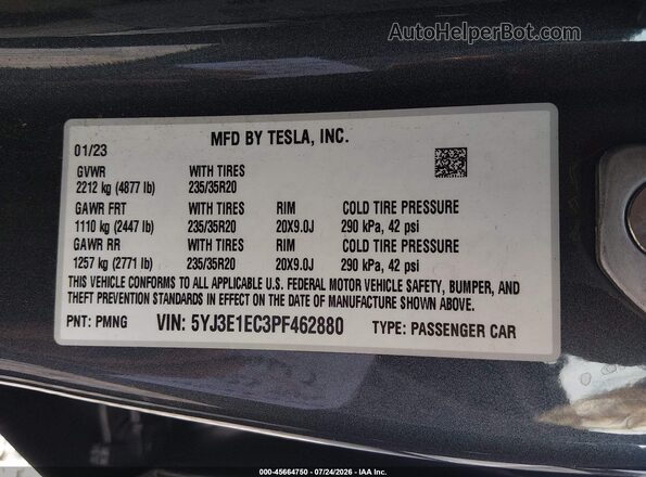 5YJ3E1EC3PF462880 2023 TESLA MODEL 3 Серый Вид подкапотного пространства