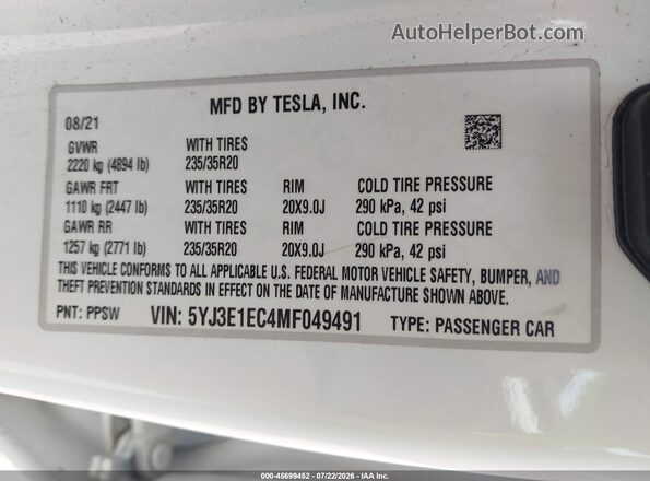 5YJ3E1EC4MF049491 2021 TESLA MODEL 3 White Widok komory silnika