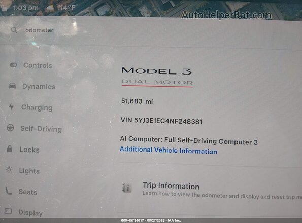 5YJ3E1EC4NF248381 2022 TESLA MODEL 3 Blue Vista de los asientos traseros