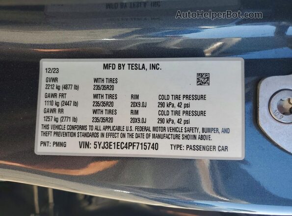 5YJ3E1EC4PF715740 2023 TESLA MODEL Charcoal VIN sticker view