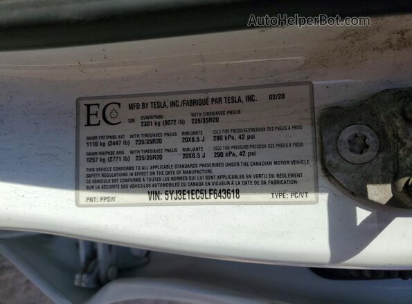 5YJ3E1EC5LF643618 2020 TESLA MODEL Белый Вид подкапотного пространства
