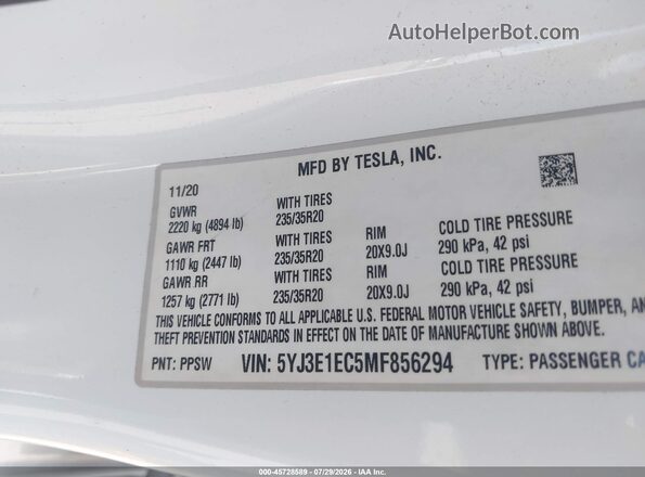 5YJ3E1EC5MF856294 2021 TESLA MODEL 3 Белый Вид подкапотного пространства