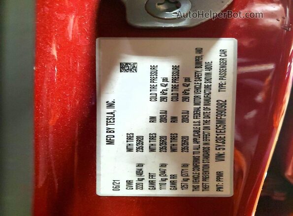 5YJ3E1EC5MF990982 2021 TESLA MODEL Красный Вид наклейки с VIN-кодом