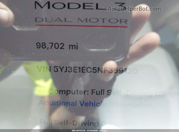5YJ3E1EC5NF359120 2022 TESLA MODEL 3 White 