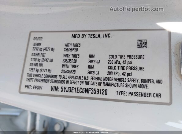 5YJ3E1EC5NF359120 2022 TESLA MODEL 3 White Engine compartment view