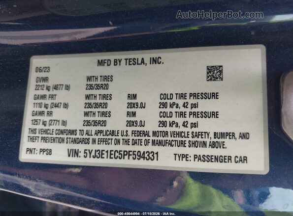5YJ3E1EC5PF594331 2023 TESLA MODEL 3 Blue Widok komory silnika