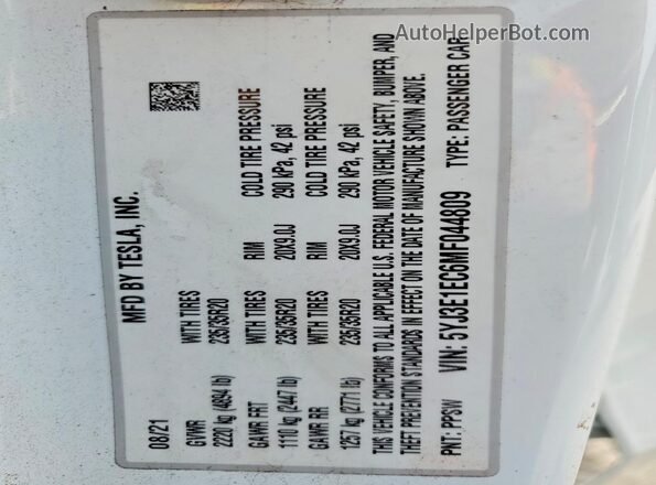 5YJ3E1EC6MF044809 2021 TESLA MODEL White Շարժիչի բաժամունքի տեսք