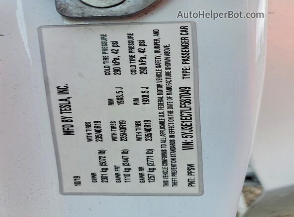 5YJ3E1EC7LF587049 2020 TESLA MODEL White VIN კოდის სტიკერის ხედი