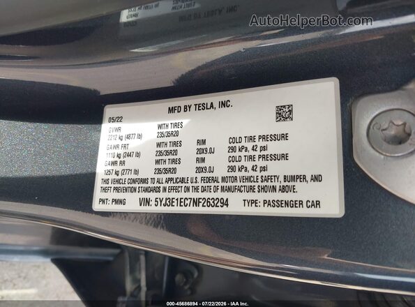 5YJ3E1EC7NF263294 2022 TESLA MODEL 3 Gray Вид підкапотного простору