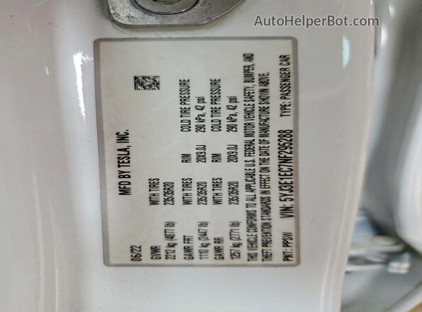 5YJ3E1EC7NF295288 2022 TESLA MODEL Белый Вид наклейки с VIN-кодом