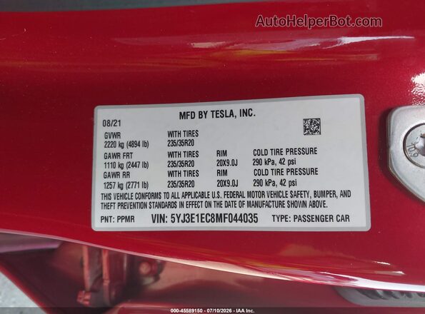 5YJ3E1EC8MF044035 2021 TESLA MODEL 3 Красный Вид подкапотного пространства