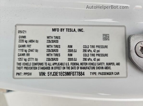 5YJ3E1EC9MF077884 2021 TESLA MODEL White VIN sticker view