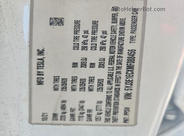 5YJ3E1ECXMF088456 2021 TESLA MODEL White Vista del compartimento del motor