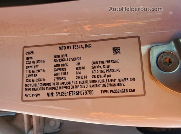 5YJ3E1ET2SF079750 2025 TESLA MODEL Белый Вид наклейки с VIN-кодом