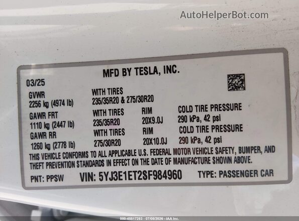 5YJ3E1ET2SF984960 2025 TESLA MODEL 3 White Vista del compartimento del motor