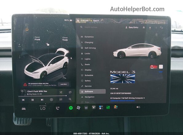 5YJ3E1ET2SF984960 2025 TESLA MODEL 3 White Vista de los asientos traseros