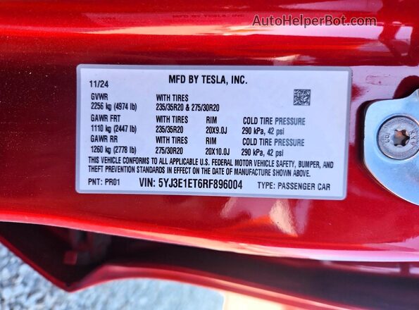 5YJ3E1ET6RF896004 2024 TESLA MODEL Red ძრავის განყოფილების ხედი