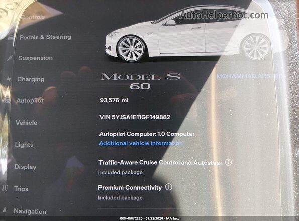 5YJSA1E11GF149882 2016 TESLA MODEL S White 