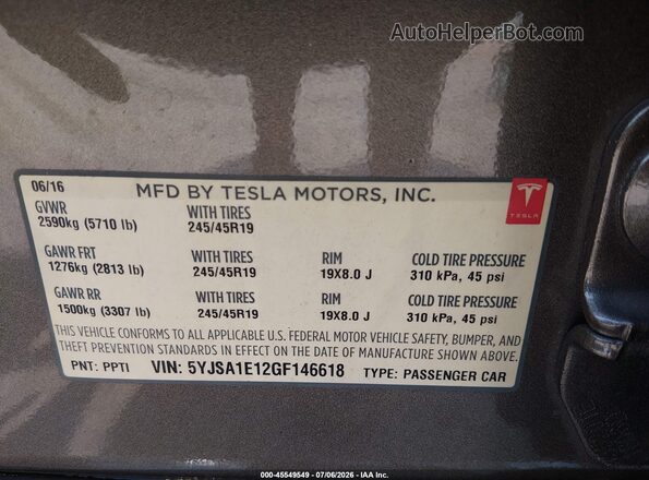 5YJSA1E12GF146618 2016 TESLA MODEL S Gray Вид підкапотного простору