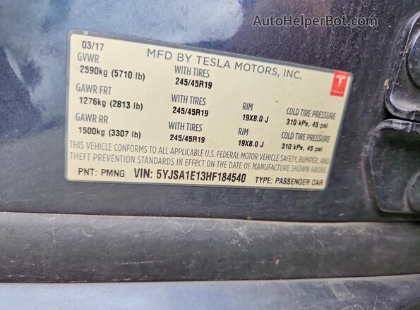 5YJSA1E13HF184540 2017 TESLA MODEL Gray Vista de la etiqueta del VIN