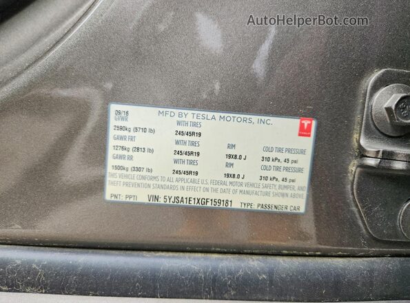 5YJSA1E1XGF159181 2016 TESLA MODEL Gray VIN კოდის სტიკერის ხედი