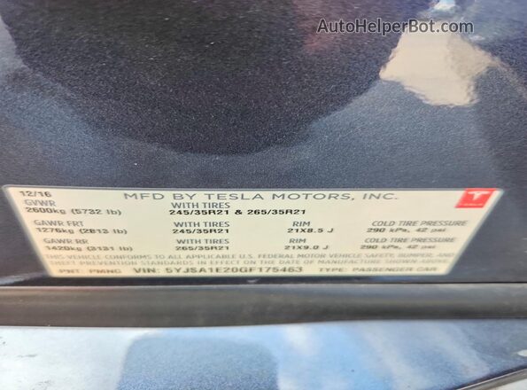 5YJSA1E20GF175463 2016 TESLA MODEL Gray Вид підкапотного простору