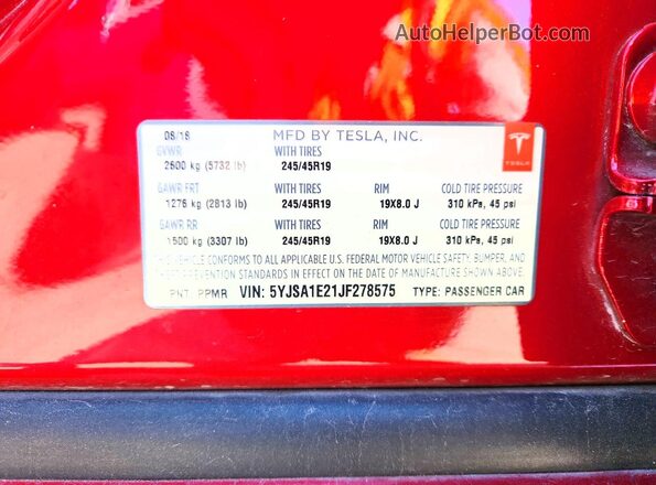 5YJSA1E21JF278575 2018 TESLA MODEL Red Vista del compartimento del motor