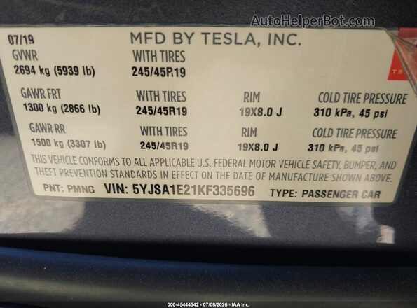 5YJSA1E21KF335696 2019 TESLA MODEL S Gray Շարժիչի բաժամունքի տեսք