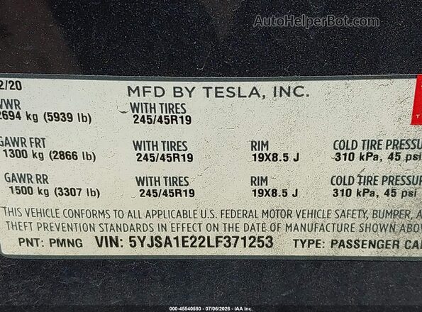 5YJSA1E22LF371253 2020 TESLA MODEL S Gray Widok komory silnika