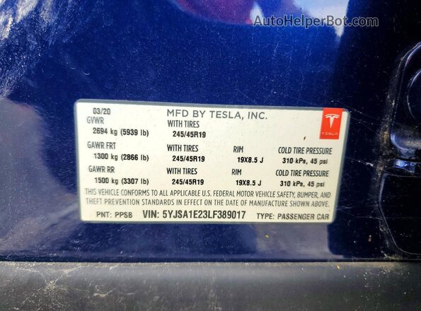 5YJSA1E23LF389017 2020 TESLA MODEL Blue Vista del compartimento del motor