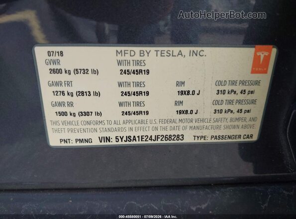5YJSA1E24JF268283 2018 TESLA MODEL S Gray Вид підкапотного простору