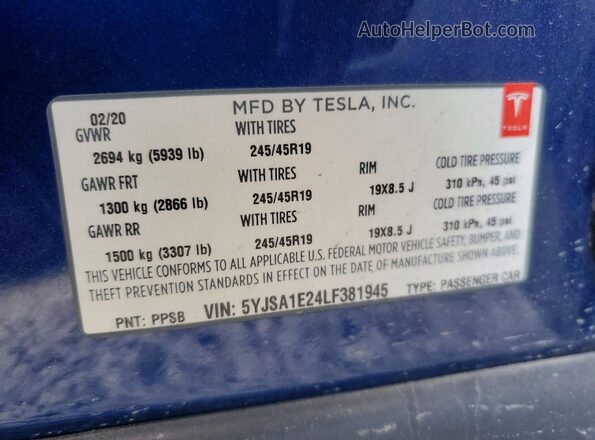 5YJSA1E24LF381945 2020 TESLA MODEL Blue Widok naklejki z numerem VIN