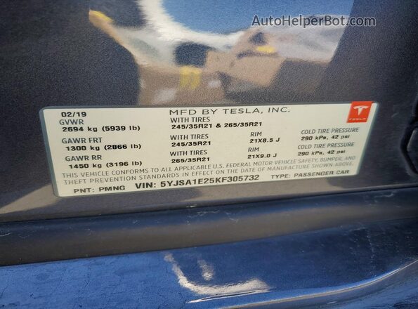 5YJSA1E25KF305732 2019 TESLA MODEL Gray Widok naklejki z numerem VIN