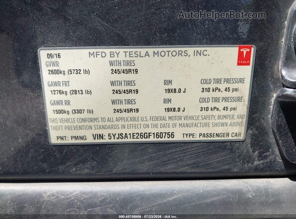 5YJSA1E26GF160756 2016 TESLA MODEL S Gray Widok komory silnika