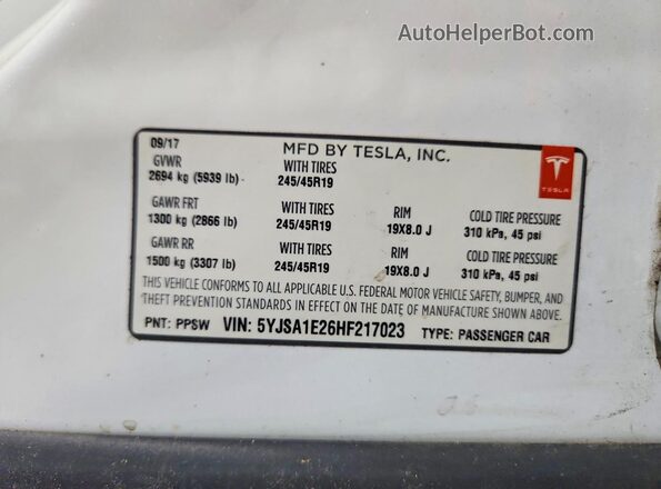 5YJSA1E26HF217023 2017 TESLA MODEL Белый Вид подкапотного пространства