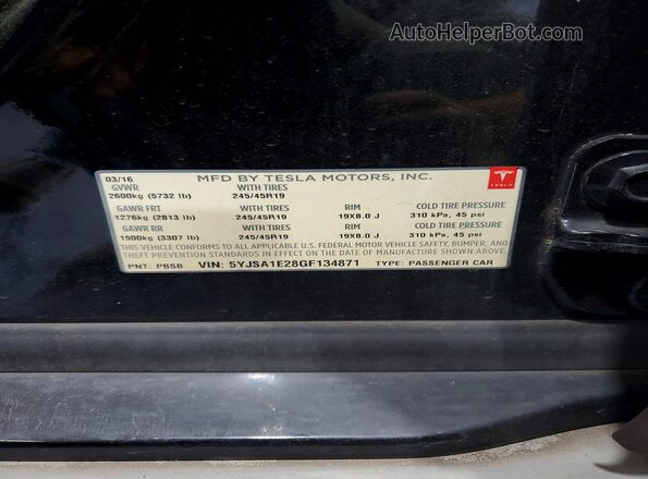 5YJSA1E28GF134871 2016 TESLA MODEL Black VIN կոդի պիտակի տեսք
